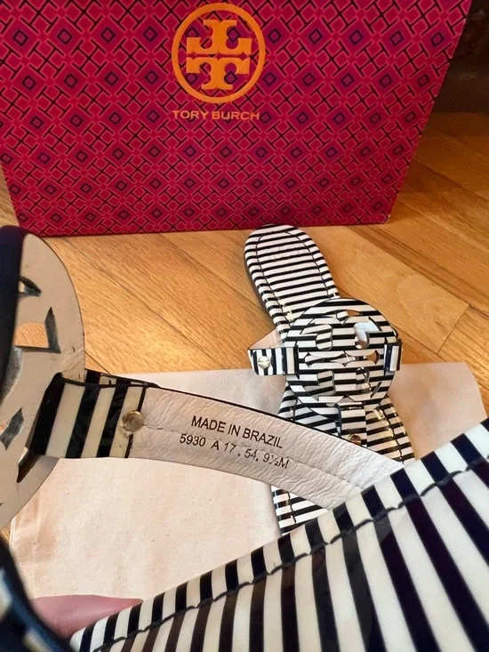 Tory Burch Navy & White Striped Patent Leather Miller Sandals - Picture 7 of 10